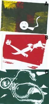 6.11.2000 - Bruno Betschart, R3a(A), Dashmir Memedi, OS3(B) und Stefanie Zurbuchen, R3b(C). experimentieren mit Papierstücken und Fäden, entstanden im Wahlfach