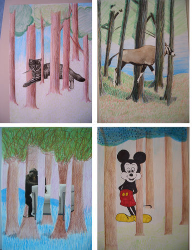 Sina Alpiger, Flurina Kohler, Joël Niquille, Luzia Holdener (alle A1a, SJ 08/09): Surrealismus und optische Illusion. Ausgehend von einem Gemälde von René Magritte eine eigene Waldsituation entwerfen, wo sich ein Tier/Ding durch die Bäume bewegt.